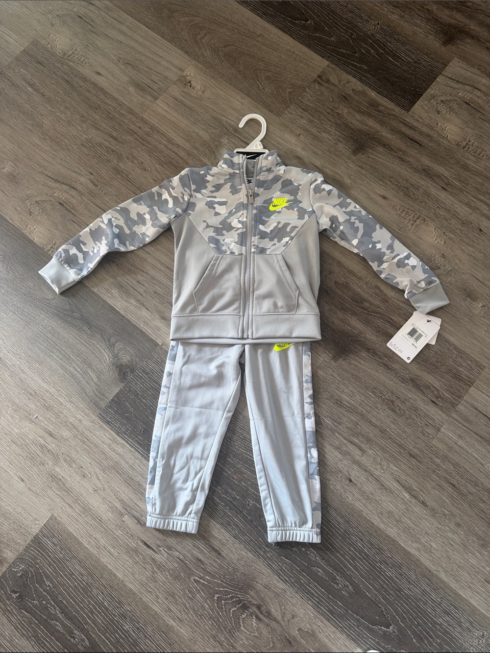Nike Toddler Grey Camo Tracksuit with Neon Yellow Logo